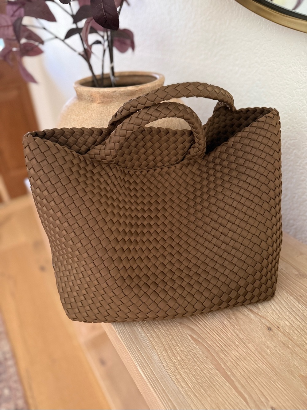 Naghedi Brown Woven Tote Bag With Matching Pouch Vegan Leather Medium Mink - Picture 5 of 5